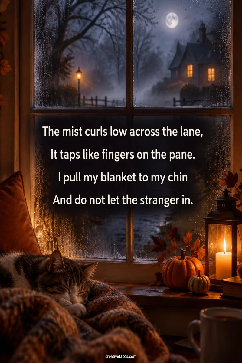Quote card: The mist curls low across the lane, It taps like fingers on the pane. I pull my blanket to my chin And do not let the stranger in.