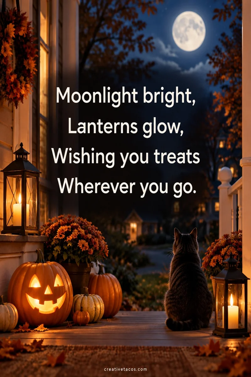 Quote card: Moonlight bright, Lanterns glow, Wishing you treats Wherever you go.