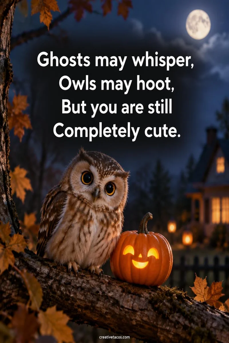 Quote card: Ghosts may whisper, Owls may hoot, But you are still Completely cute.