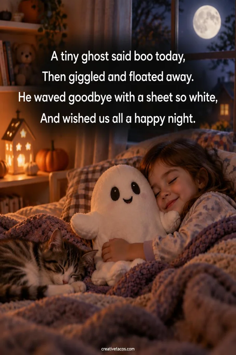 Quote card: A tiny ghost said boo today, Then giggled and floated away. He waved goodbye with a sheet so white, And wished us all a happy night.