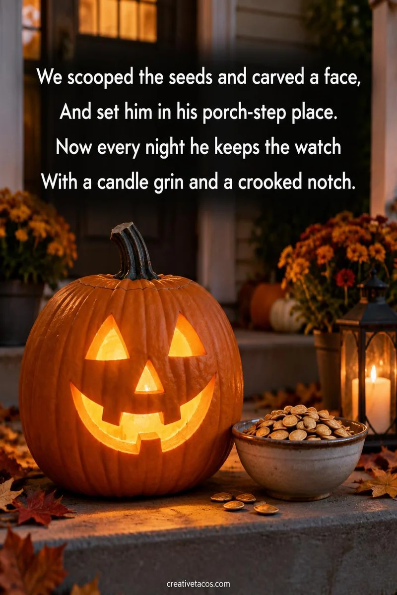 Quote card: We scooped the seeds and carved a face, And set him in his porch-step place. Now every night he keeps the watch With a candle grin and a crooked notch.