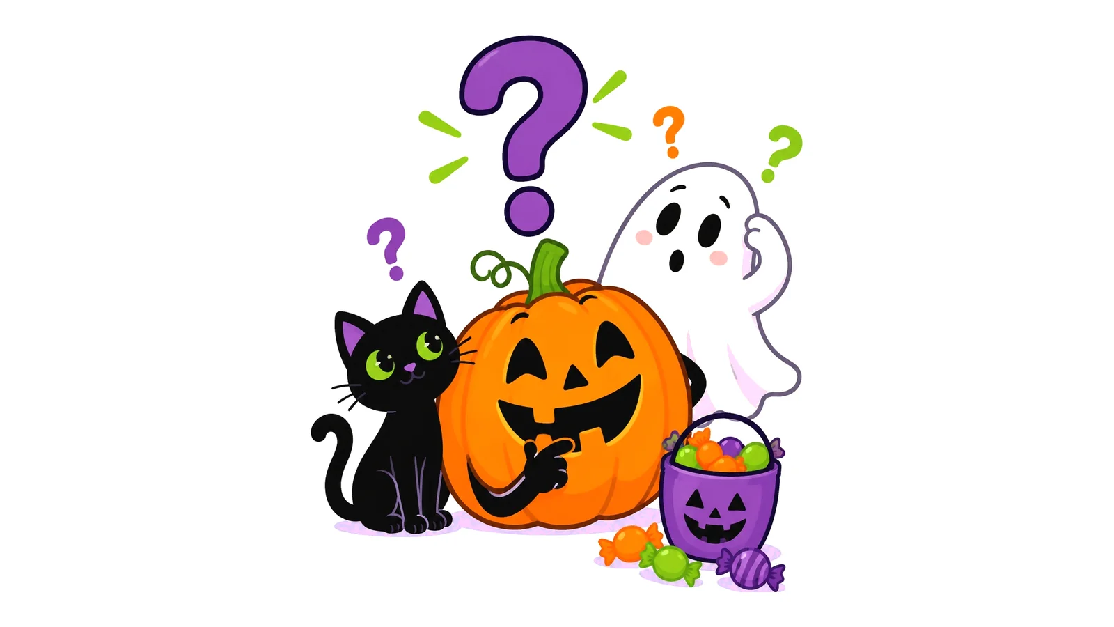 Clean illustration of a friendly jack-o-lantern with a question mark, a ghost, and a black cat on a white background for Halloween riddles.