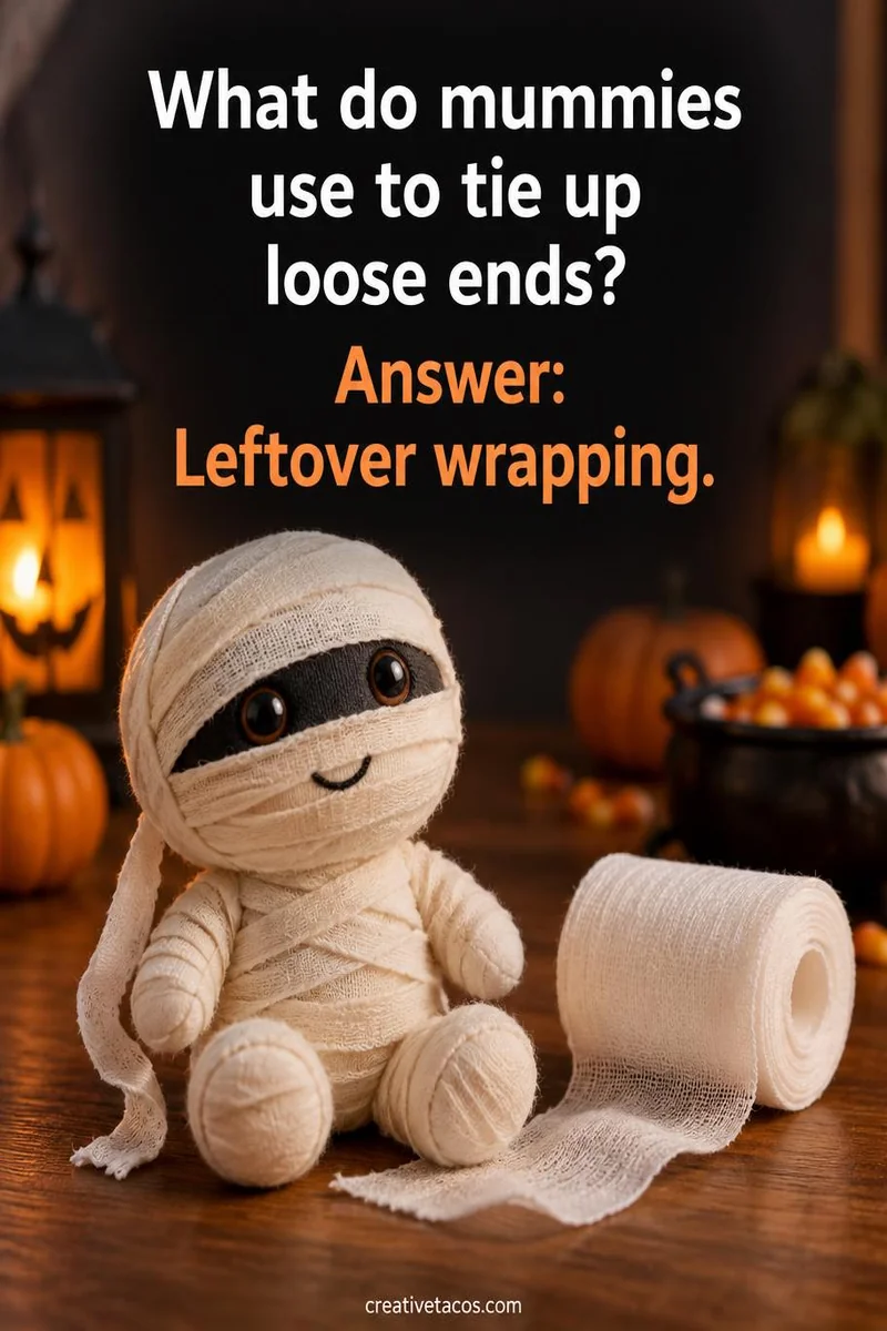 Quote card: What do mummies use to tie up loose ends? Answer: Leftover wrapping.