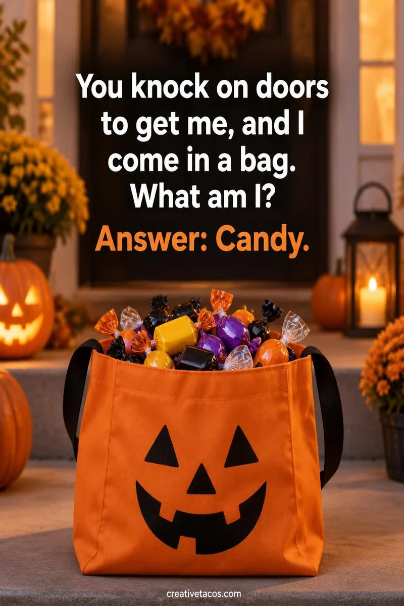 Quote card: You knock on doors to get me, and I come in a bag. What am I? Answer: Candy.