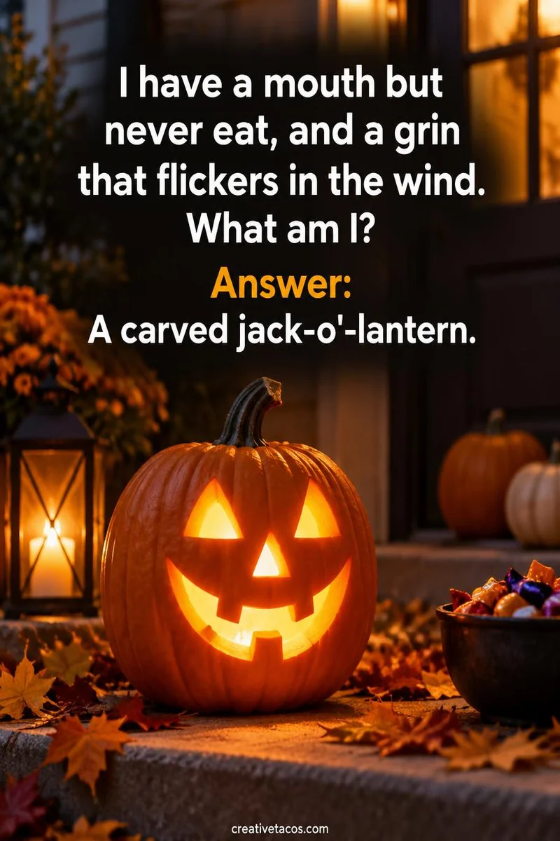 Quote card: I have a mouth but never eat, and a grin that flickers in the wind. What am I? Answer: A carved jack-o'-lantern.