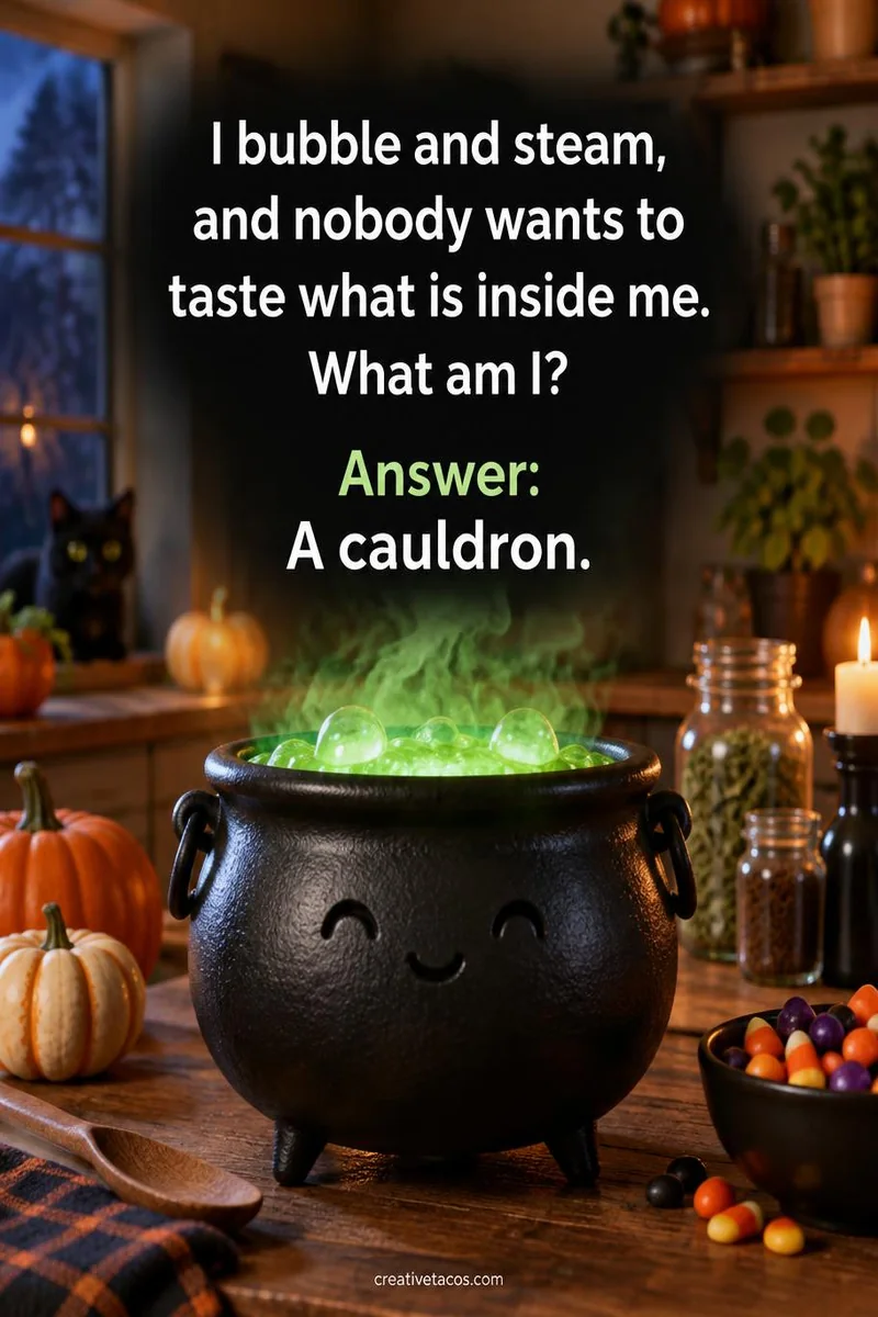 Quote card: I bubble and steam, and nobody wants to taste what is inside me. What am I? Answer: A cauldron.