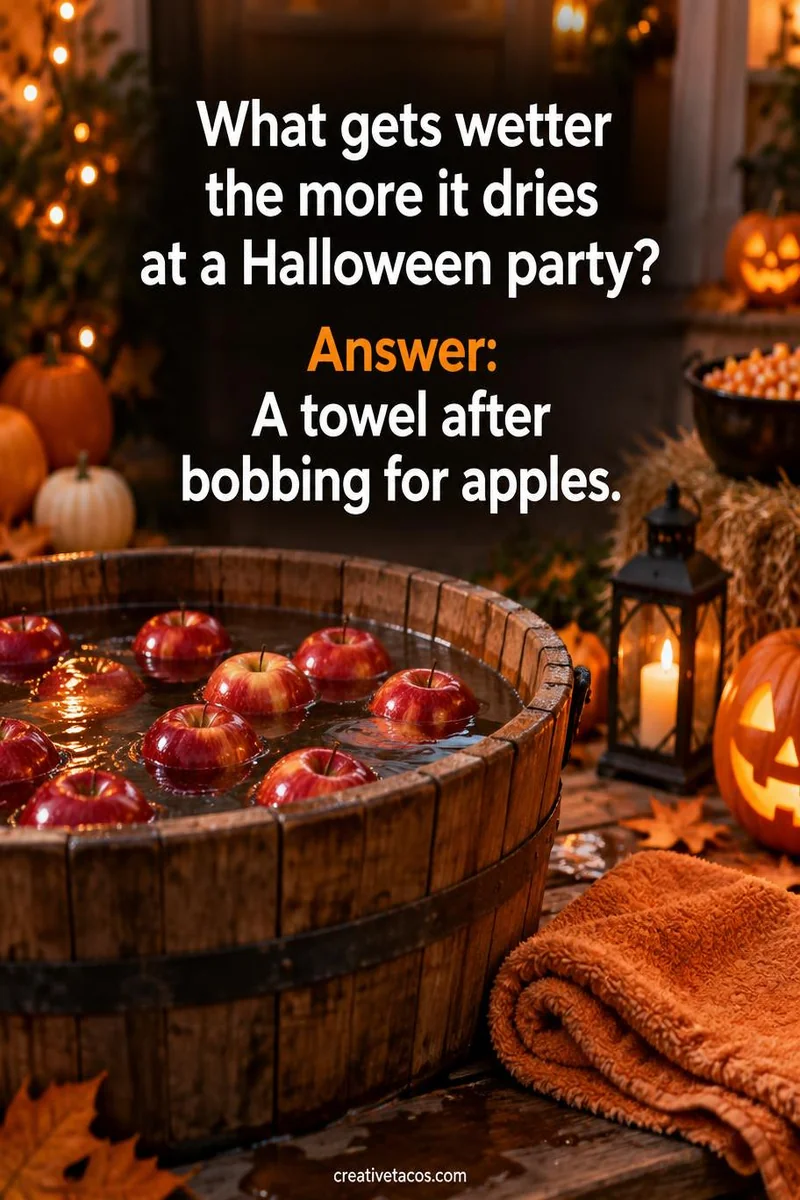 Quote card: What gets wetter the more it dries at a Halloween party? Answer: A towel after bobbing for apples.