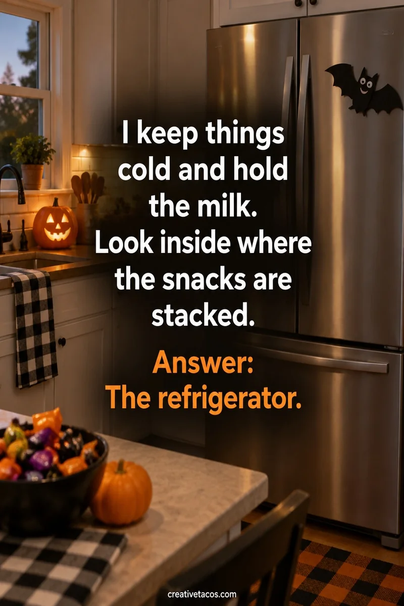 Quote card: I keep things cold and hold the milk. Look inside where the snacks are stacked. Answer: The refrigerator.