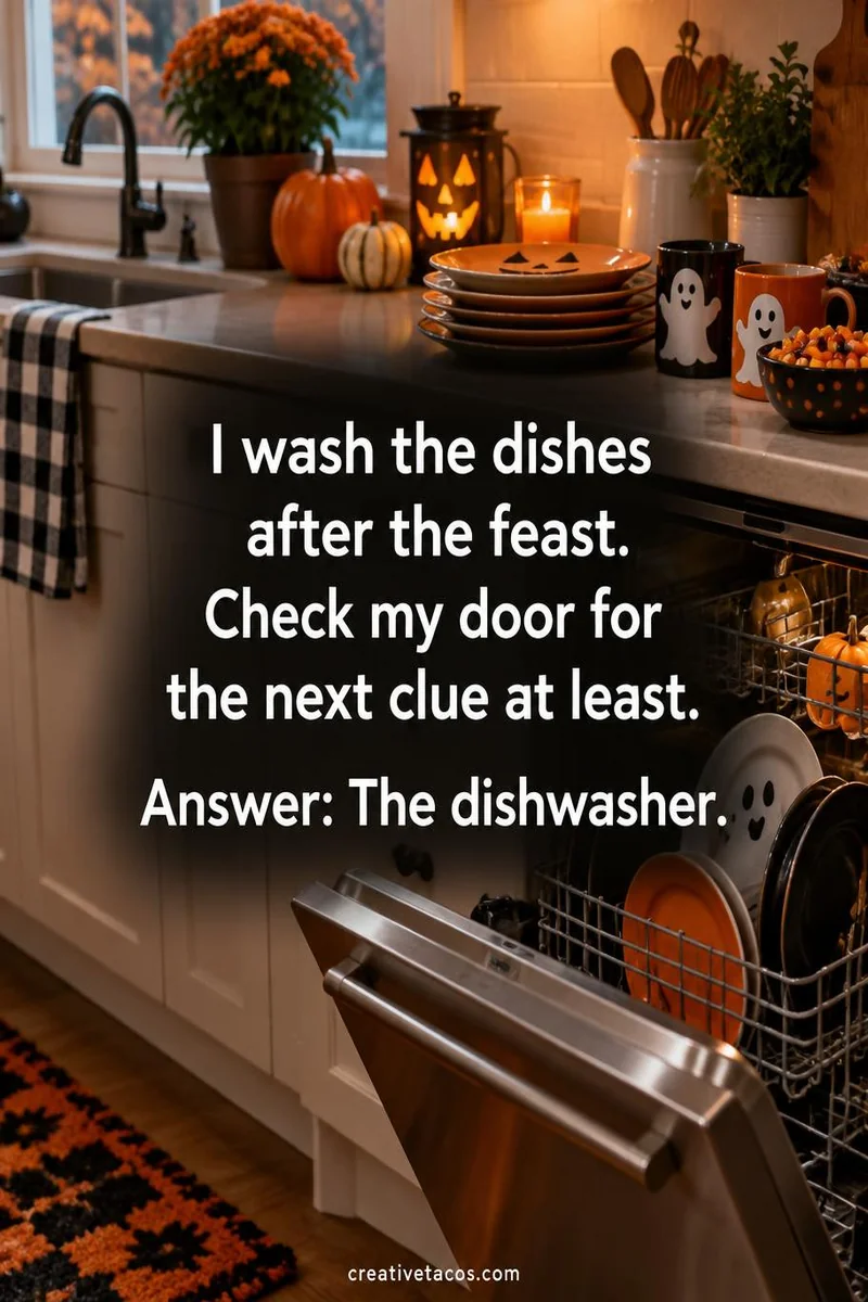 Quote card: I wash the dishes after the feast. Check my door for the next clue at least. Answer: The dishwasher.
