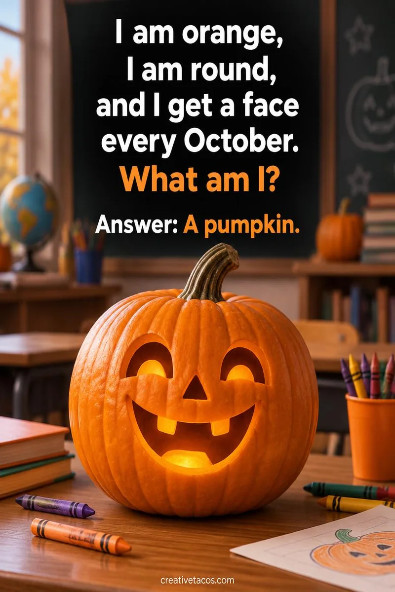 Quote card: I am orange, I am round, and I get a face every October. What am I? Answer: A pumpkin.