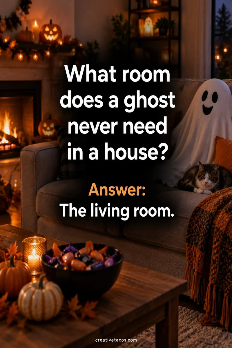 Quote card: What room does a ghost never need in a house? Answer: The living room.
