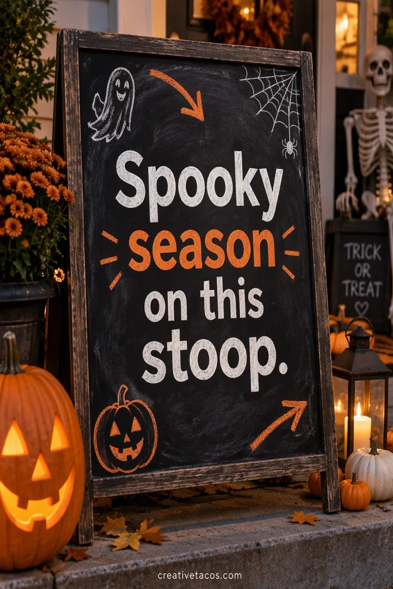 Quote card: Spooky season on this stoop.