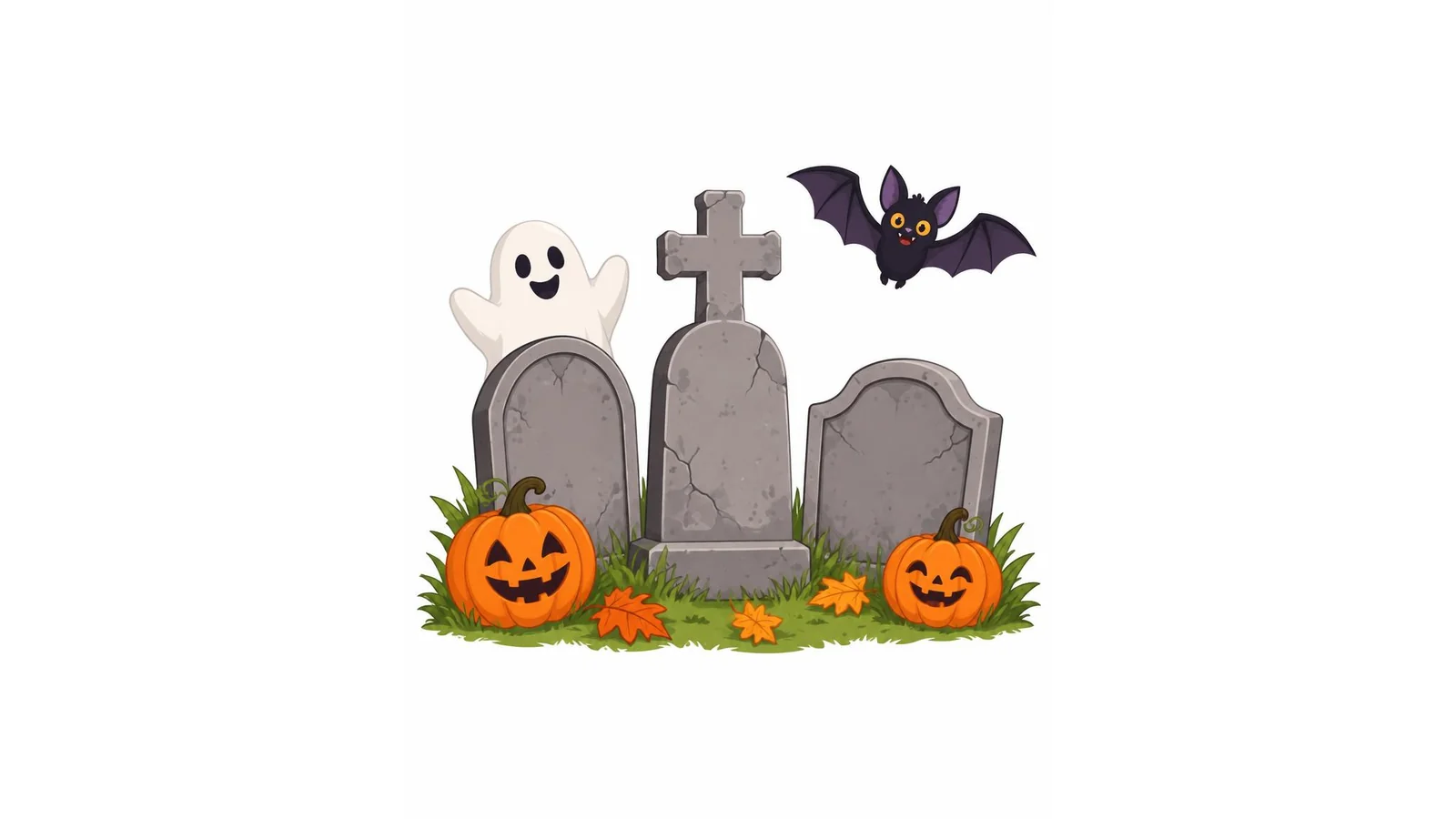 Illustration of three cartoon tombstones with pumpkins, a ghost, and a bat on a white background for Halloween tombstone sayings.