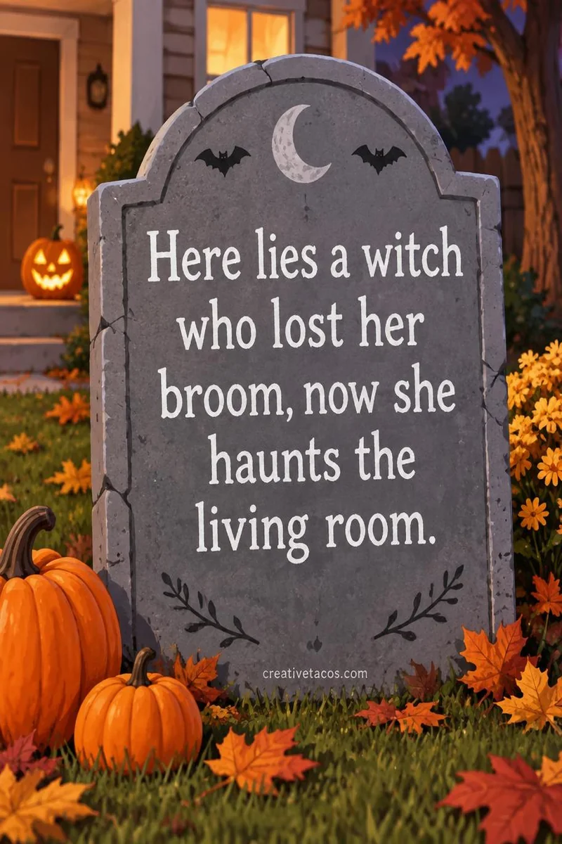 Quote card: Here lies a witch who lost her broom, now she haunts the living room.