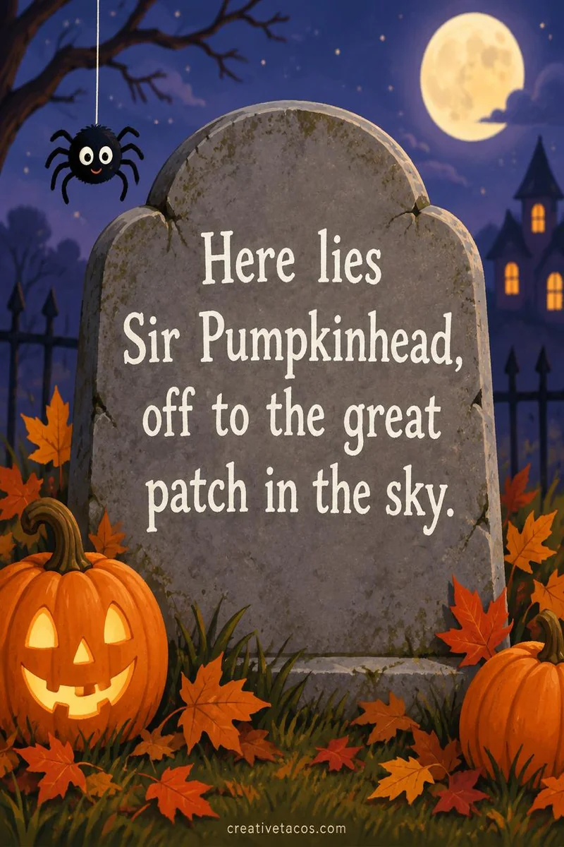 Quote card: Here lies Sir Pumpkinhead, off to the great patch in the sky.