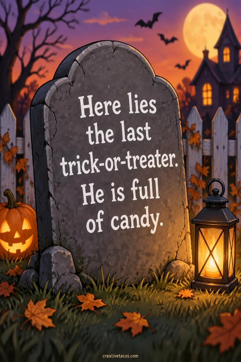Quote card: Here lies the last trick-or-treater. He is full of candy.