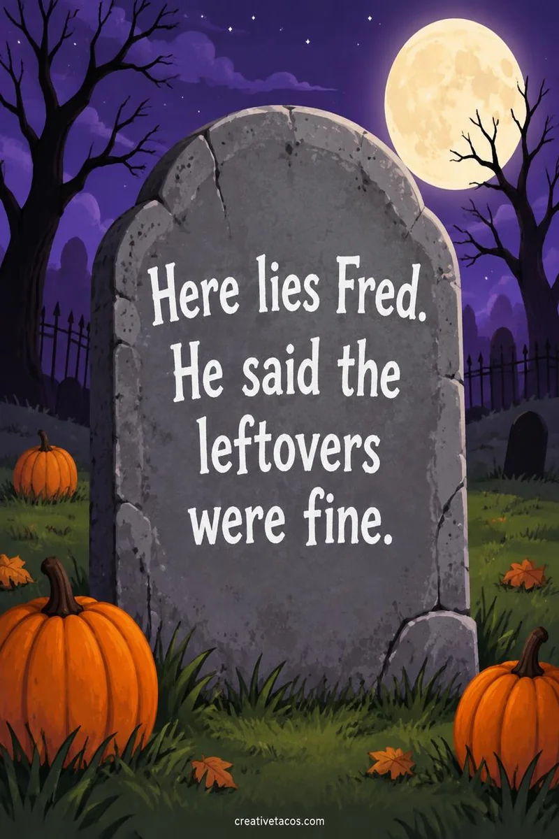 Quote card: Here lies Fred. He said the leftovers were fine.