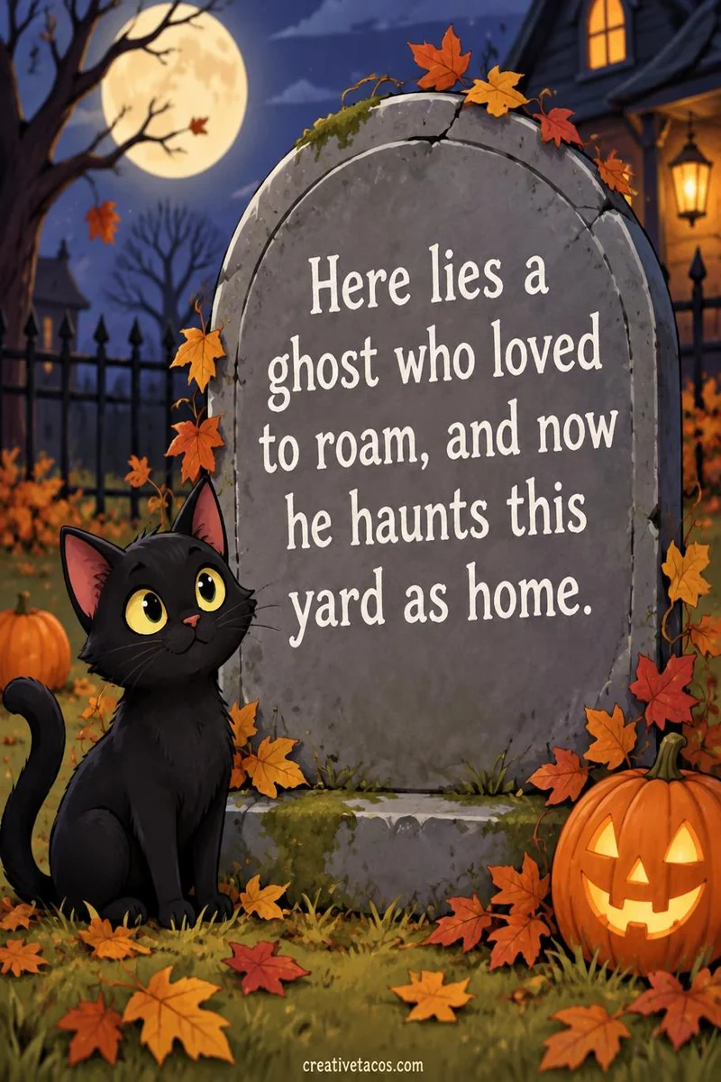 Quote card: Here lies a ghost who loved to roam, and now he haunts this yard as home.