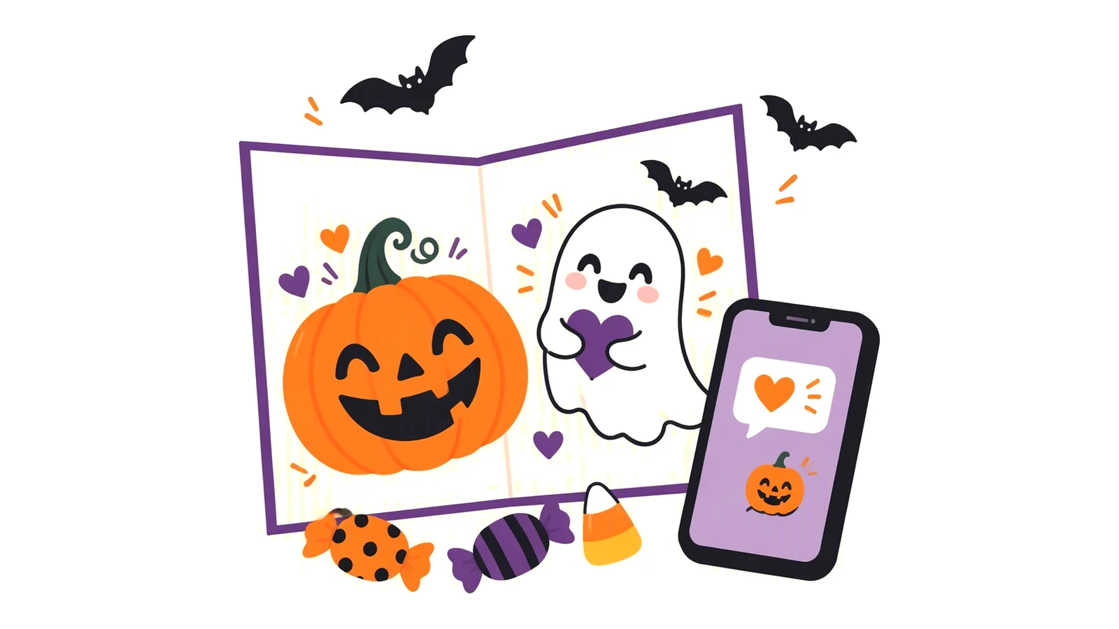 Clean illustration of a Halloween greeting card, a friendly ghost with a heart, candy, and a phone message on a white background for Halloween wishes.