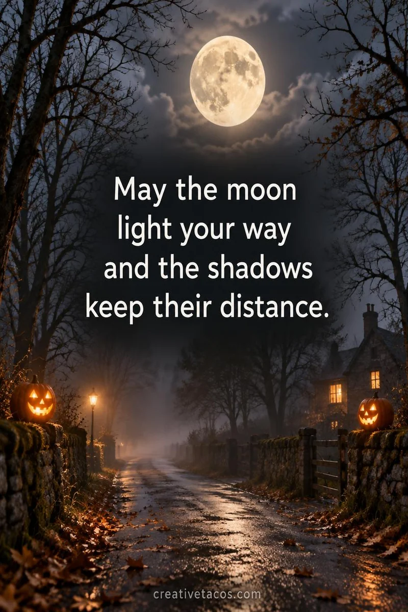Quote card: May the moon light your way and the shadows keep their distance.
