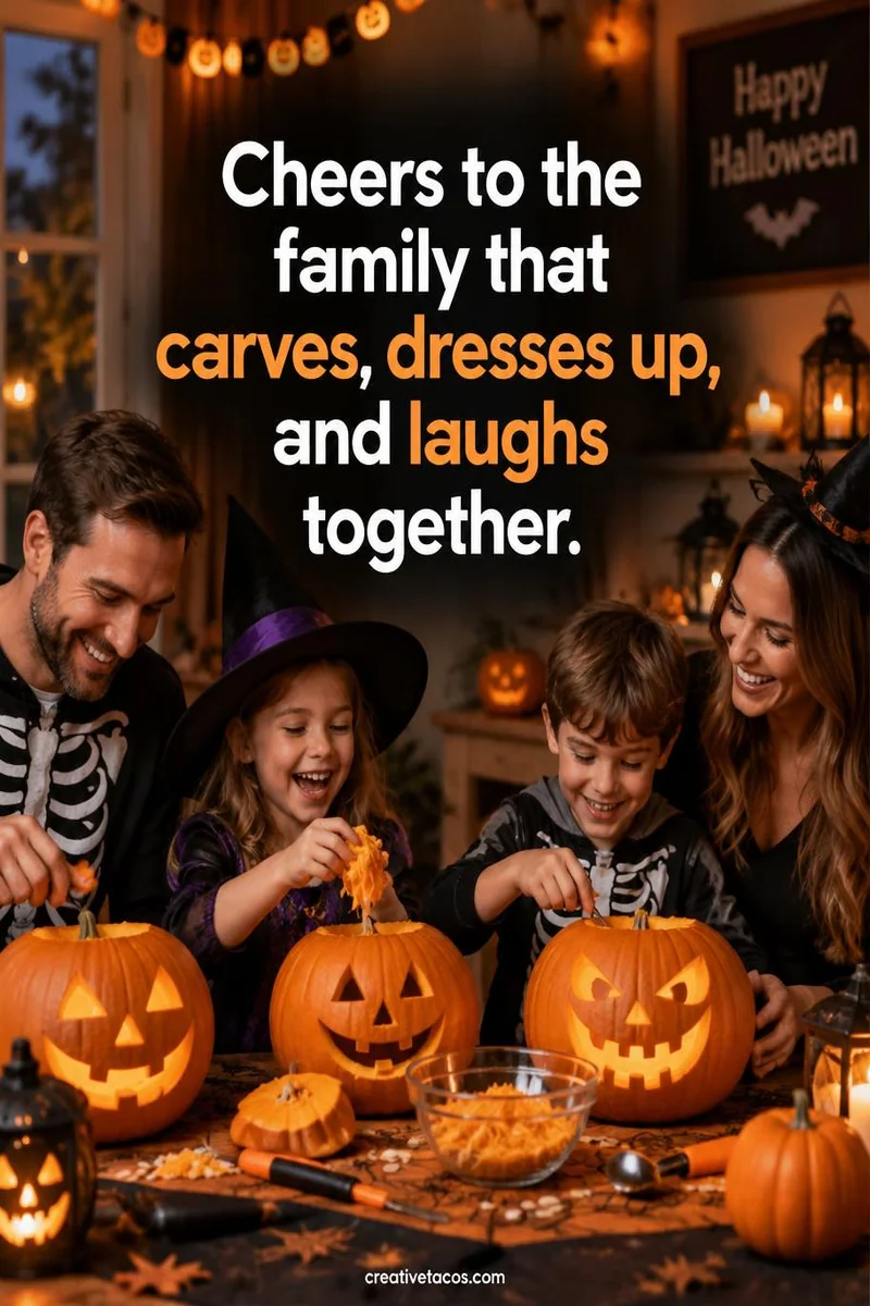 Quote card: Cheers to the family that carves, dresses up, and laughs together.