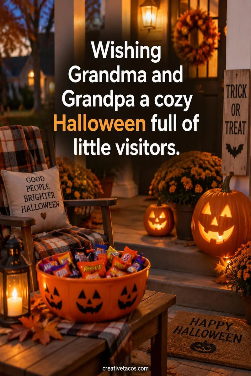 Quote card: Wishing Grandma and Grandpa a cozy Halloween full of little visitors.