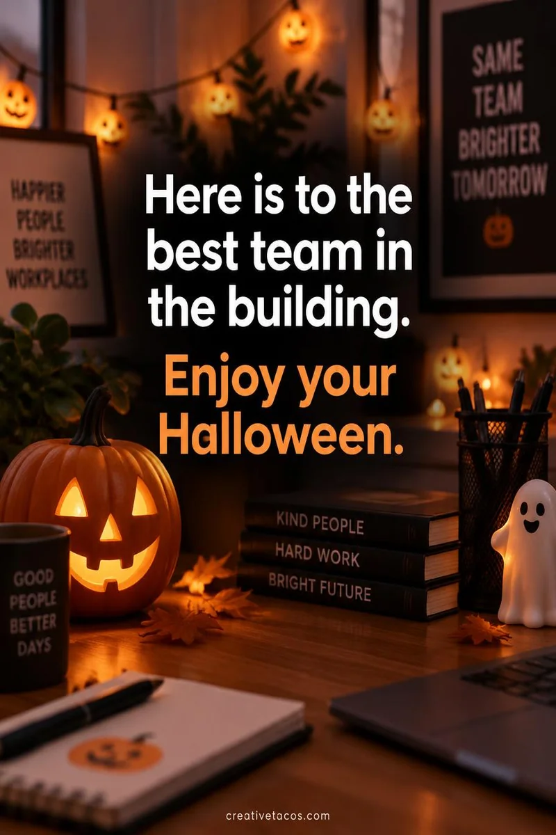 Quote card: Here is to the best team in the building. Enjoy your Halloween.