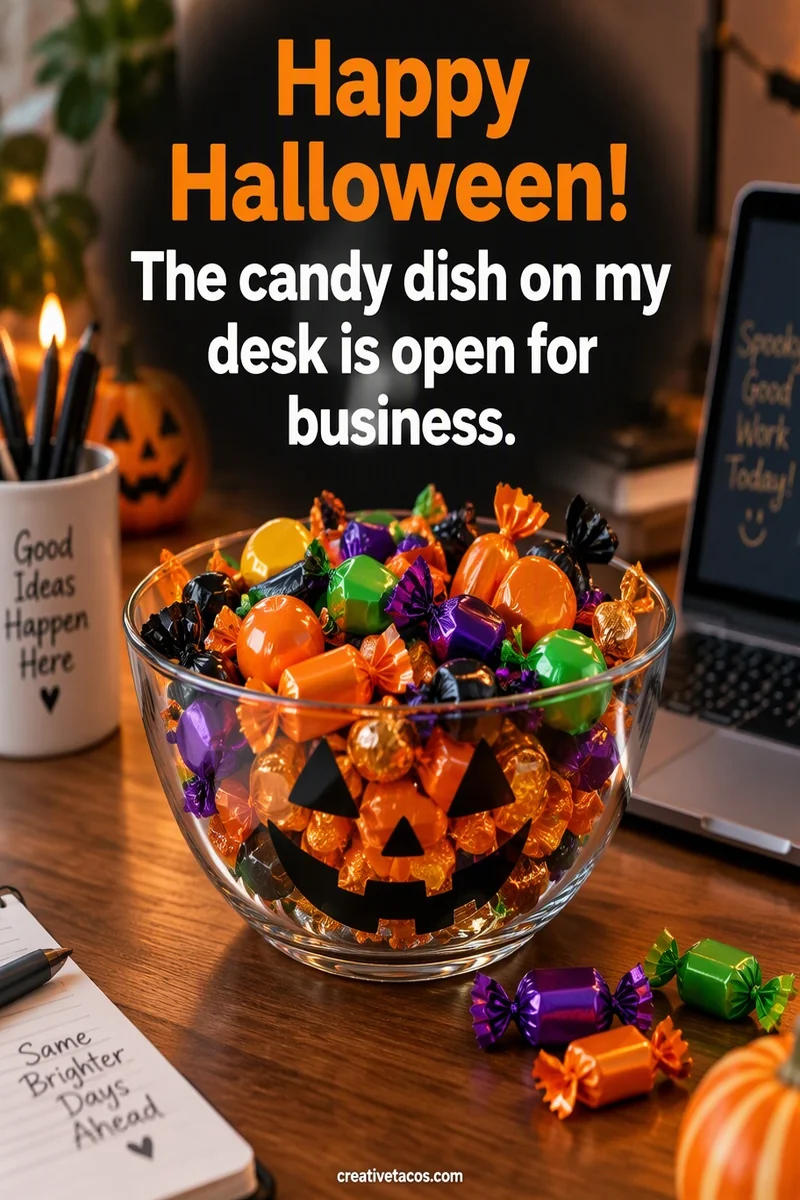 Quote card: Happy Halloween! The candy dish on my desk is open for business.