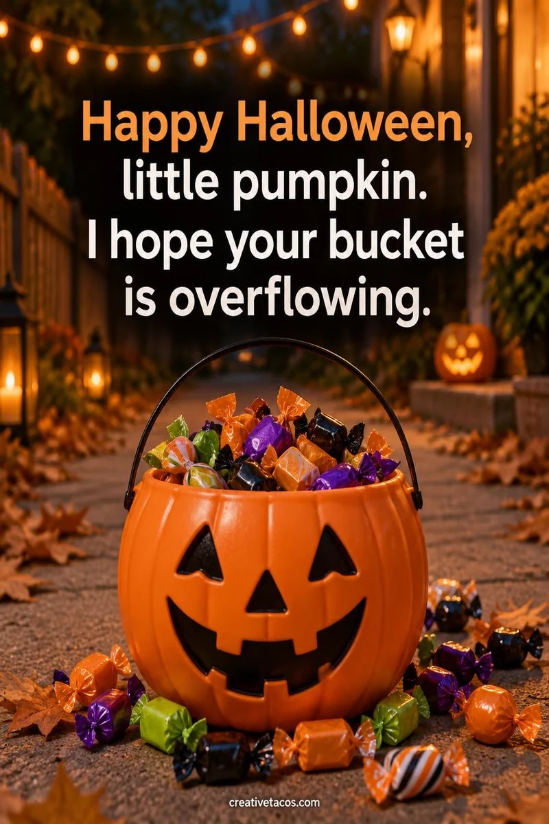 Quote card: Happy Halloween, little pumpkin. I hope your bucket is overflowing.
