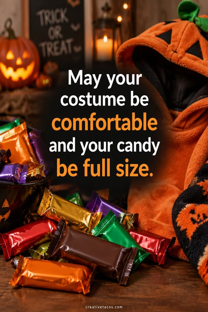 Quote card: May your costume be comfortable and your candy be full size.