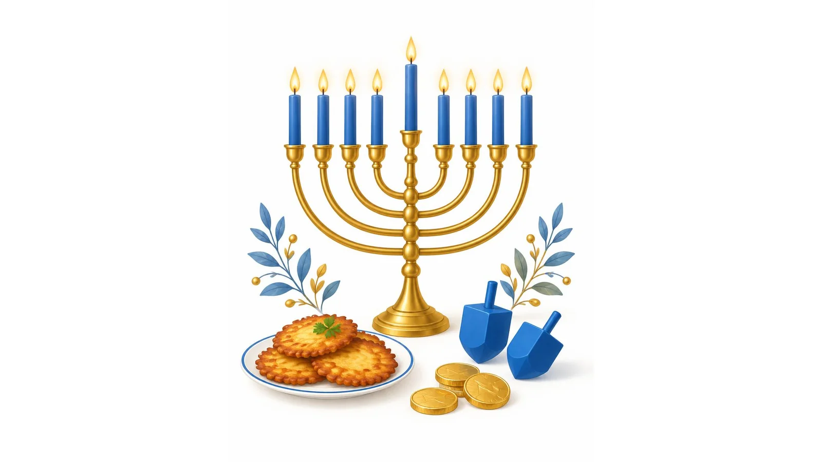 Illustration of a lit nine-branched Hanukkah menorah, blue dreidels, latkes, and gold coins on a white background for Hanukkah wishes.
