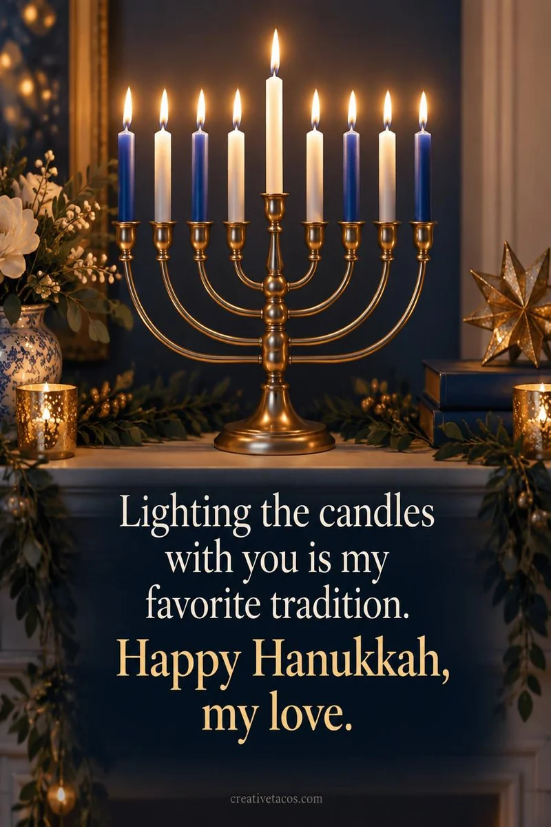 Quote card: Lighting the candles with you is my favorite tradition. Happy Hanukkah, my love.