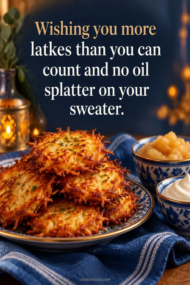 Quote card: Wishing you more latkes than you can count and no oil splatter on your sweater.