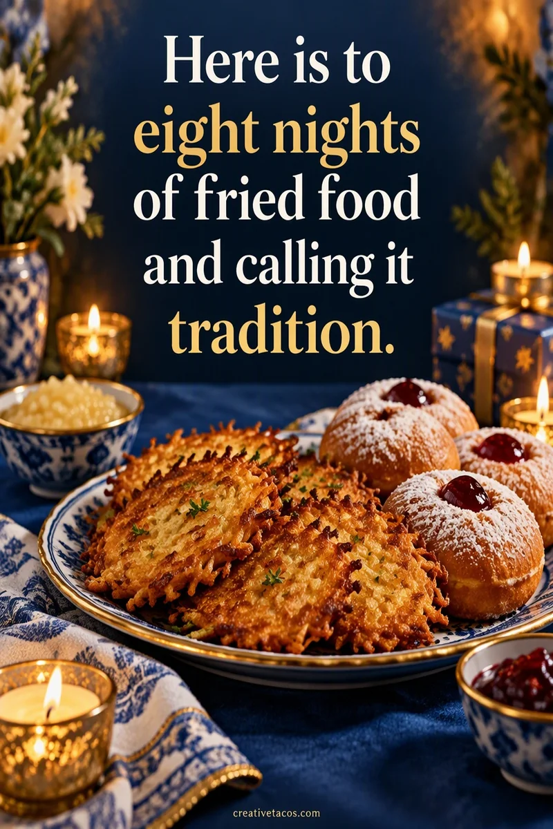 Quote card: Here is to eight nights of fried food and calling it tradition.