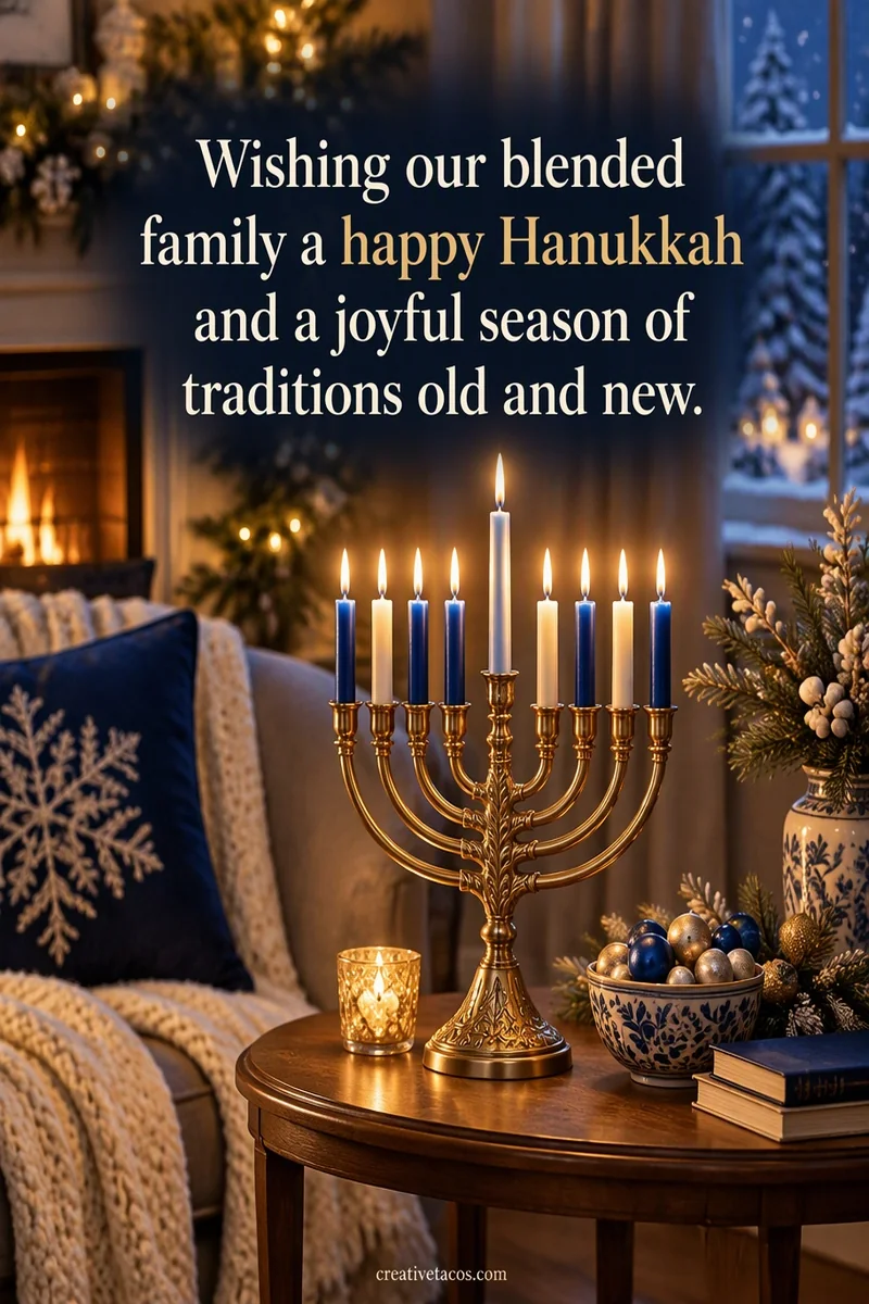Quote card: Wishing our blended family a happy Hanukkah and a joyful season of traditions old and new.