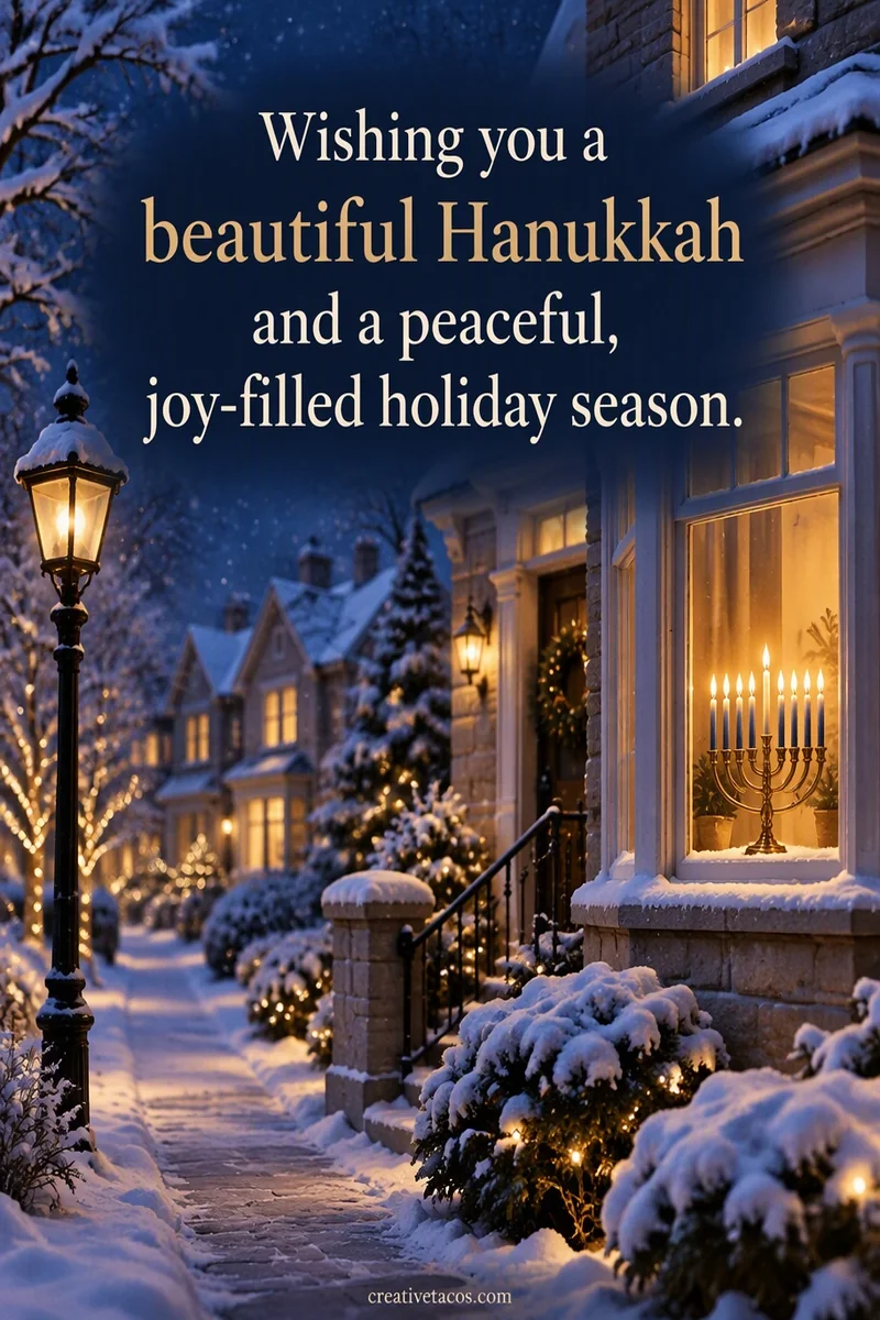 Quote card: Wishing you a beautiful Hanukkah and a peaceful, joy-filled holiday season.