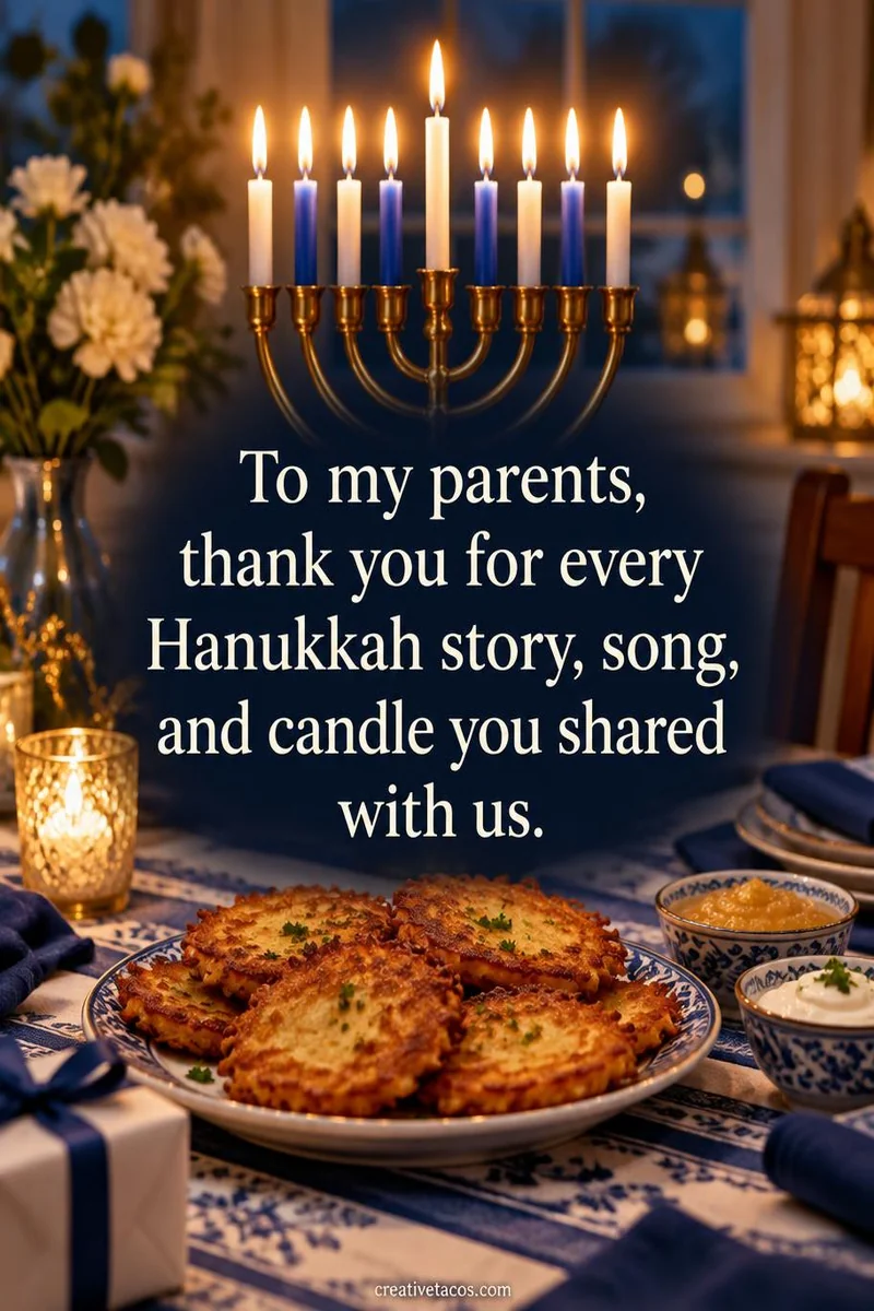 Quote card: To my parents, thank you for every Hanukkah story, song, and candle you shared with us.