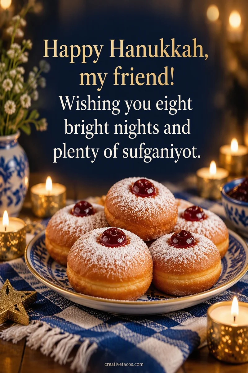 Quote card: Happy Hanukkah, my friend! Wishing you eight bright nights and plenty of sufganiyot.