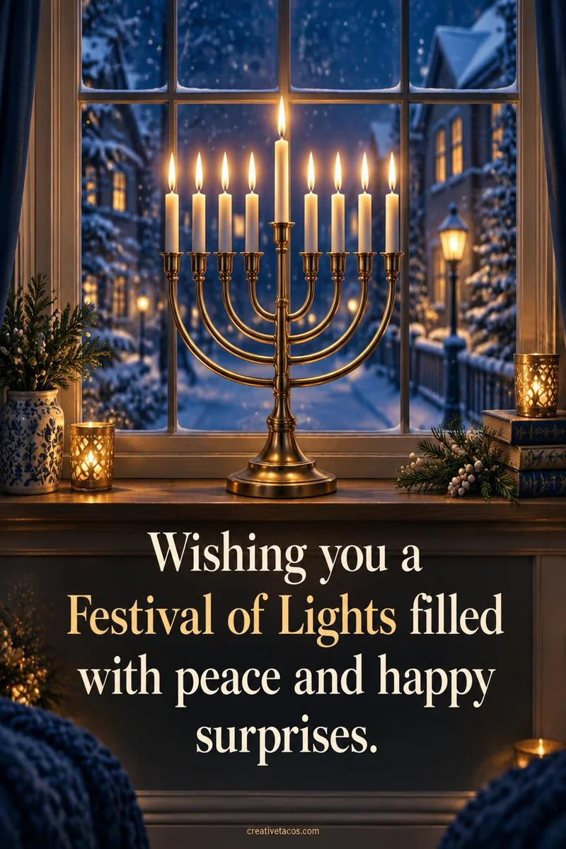 Quote card: Wishing you a Festival of Lights filled with peace and happy surprises.