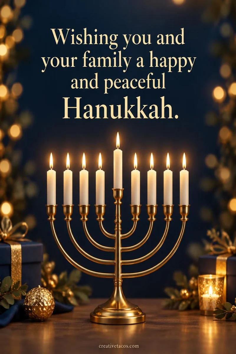 Quote card: Wishing you and your family a happy and peaceful Hanukkah.