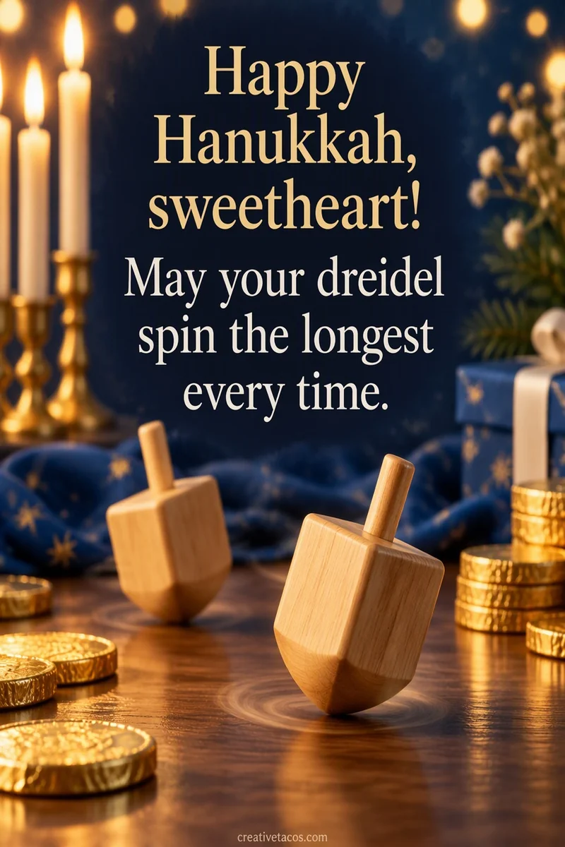 Quote card: Happy Hanukkah, sweetheart! May your dreidel spin the longest every time.