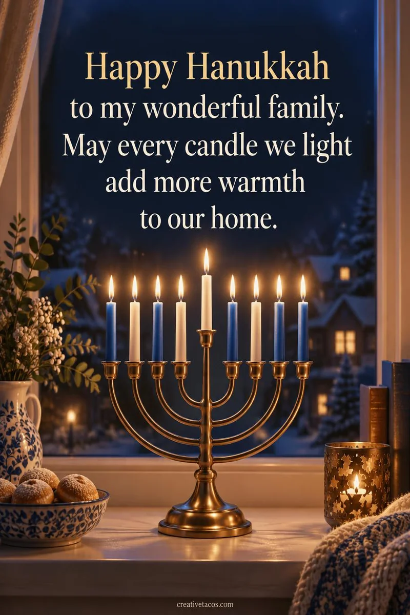 Quote card: Happy Hanukkah to my wonderful family. May every candle we light add more warmth to our home.