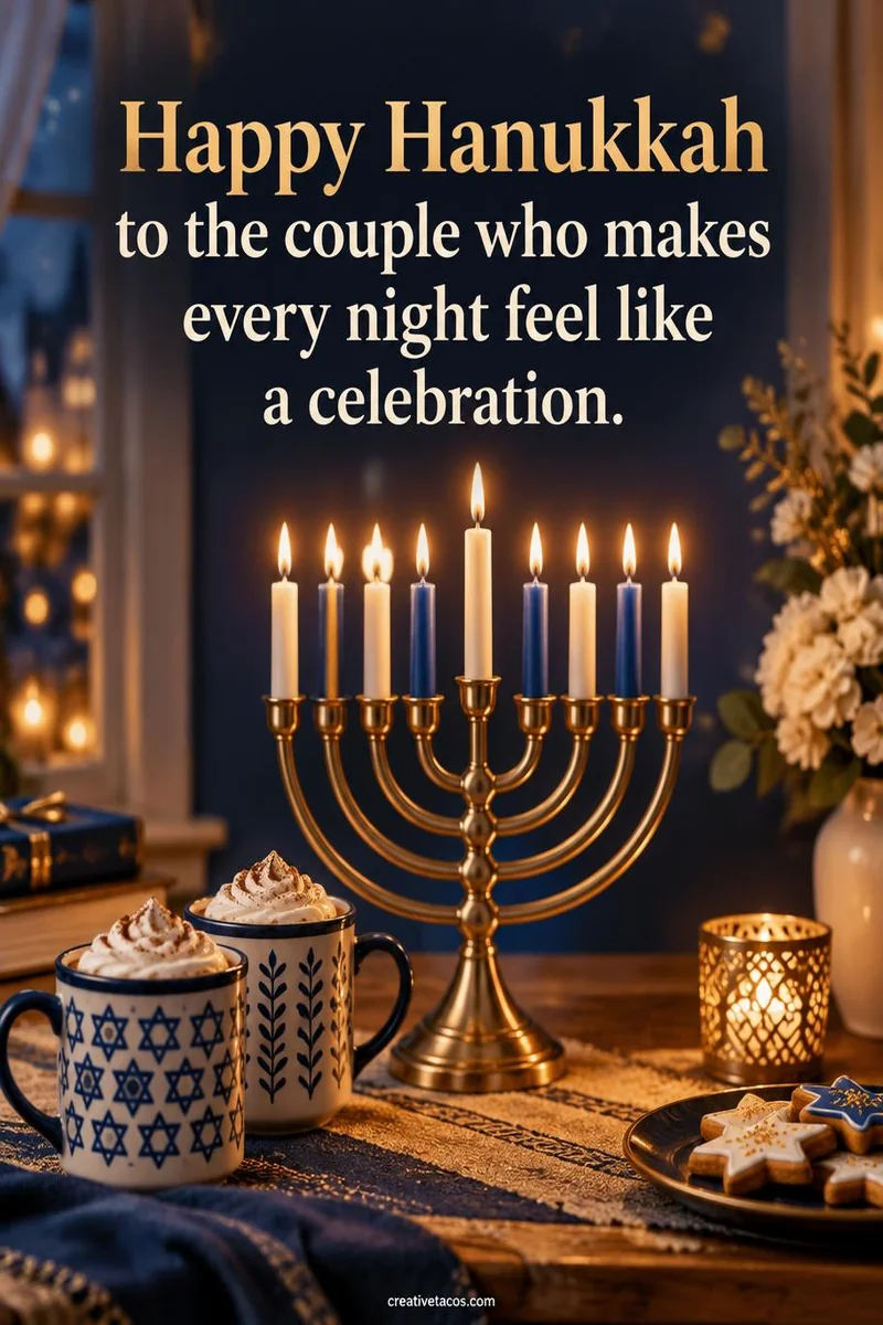Quote card: Happy Hanukkah to the couple who makes every night feel like a celebration.