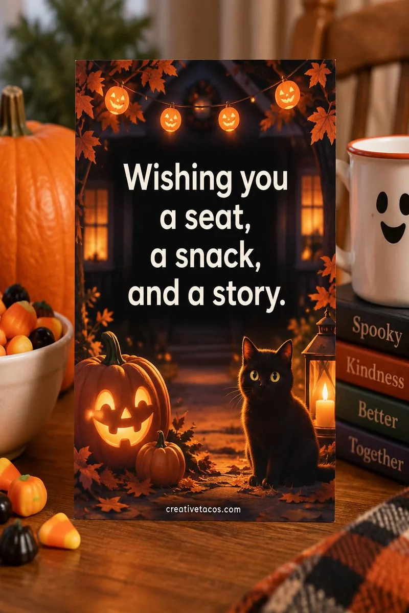 Quote card: Wishing you a seat, a snack, and a story.