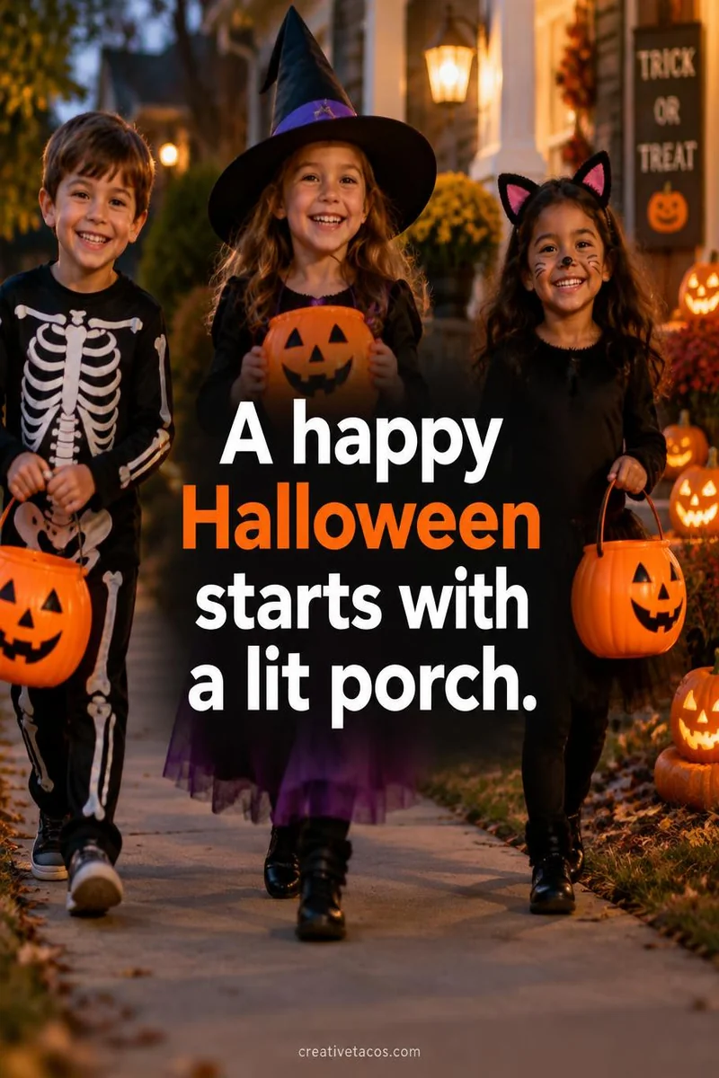 Quote card: A happy Halloween starts with a lit porch.