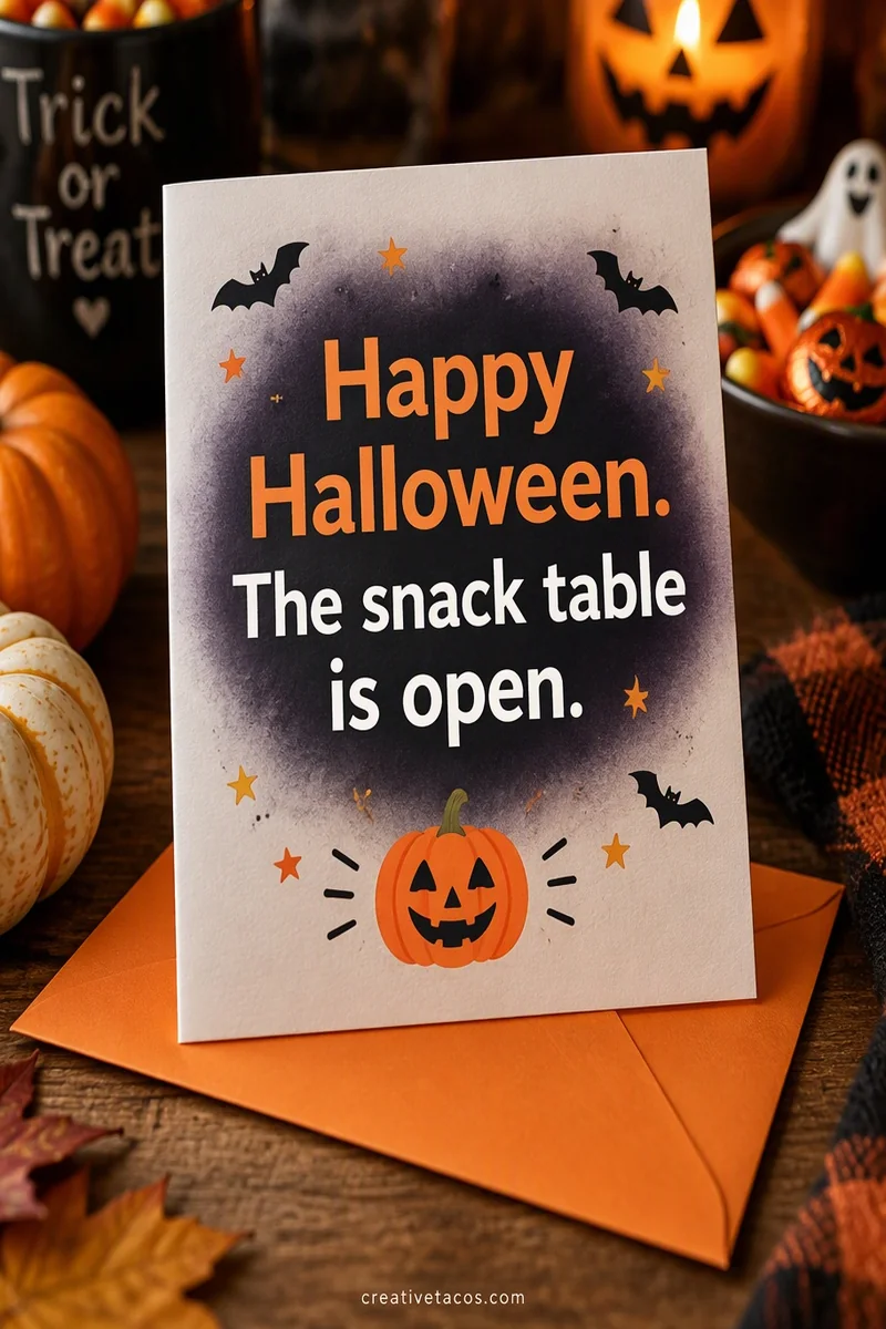 Quote card: Happy Halloween. The snack table is open.