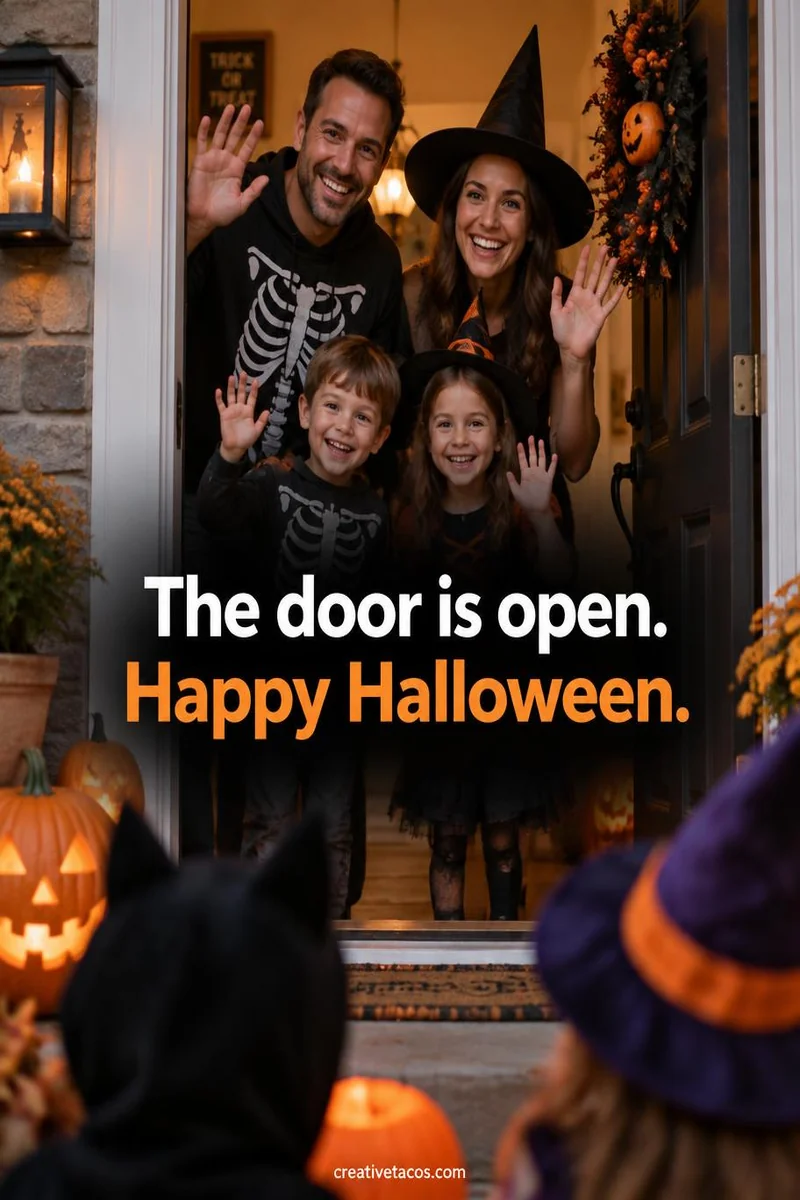 Quote card: The door is open. Happy Halloween.
