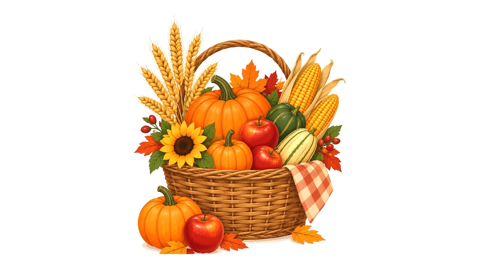 Clean illustration of a harvest basket with pumpkins, apples, wheat, corn, and squash on a white background for harvest quotes.