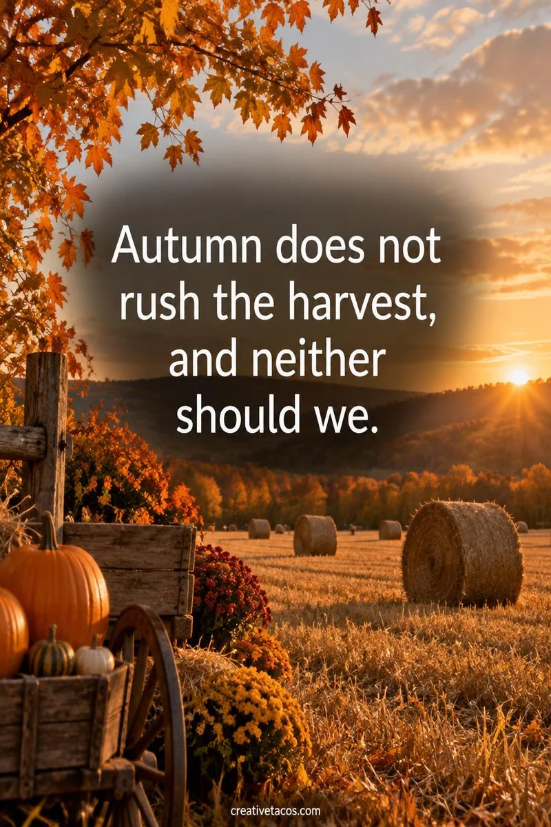 Quote card: Autumn does not rush the harvest, and neither should we.