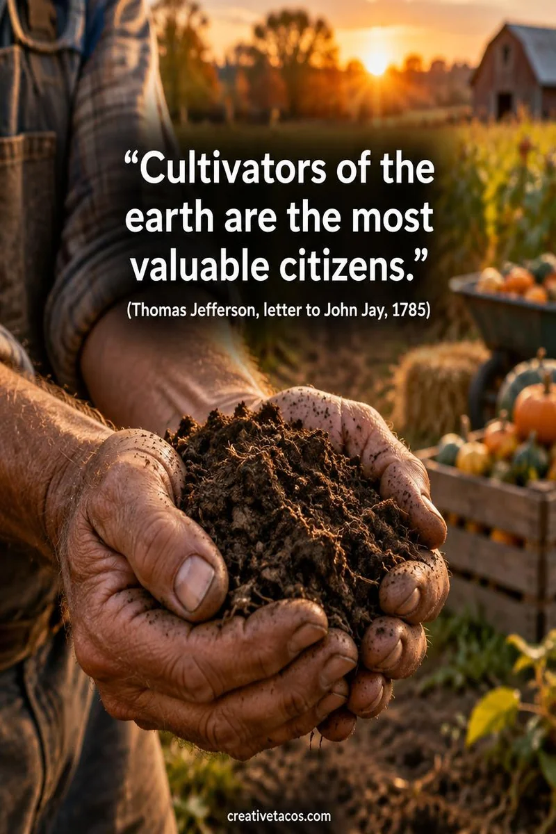 Quote card: “Cultivators of the earth are the most valuable citizens.” (Thomas Jefferson, letter to John Jay, 1785)